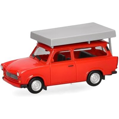 Herpa modellbil Trabant 601 Universal, klar röd med taktält, miniatyr i skala 1:87, samlarobjekt, Made in Germany, plastmodell Herpa modellbil Trabant 601 Universal, klar röd med taktält, miniatyr i skala 1:87, samlarobjekt, Made in Germany, plastmodell