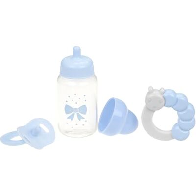 JC Toys blå babydockflaska, skallra och nappar set för att hålla lektid! Passar många dockor upp till 38 cm Lektillbehör Åldrar 2+ JC Toys blå babydockflaska, skallra och nappar set för att hålla lektid! Passar många dockor upp till 38 cm Lektillbehör Åldrar 2+