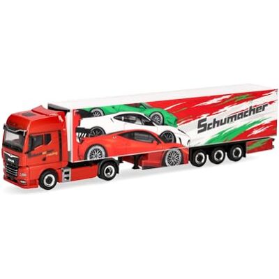 Herpa Lastbilsmodell MAN TGX GX kyltrailer "Schumacher", miniatyr i skala 1:87, samlarobjekt, Made in Germany, plast Herpa Lastbilsmodell MAN TGX GX kyltrailer "Schumacher", miniatyr i skala 1:87, samlarobjekt, Made in Germany, plast