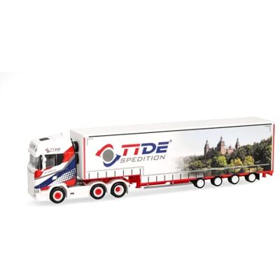 Herpa lastbilsmodell Scania CS 20 HD (6x2) volymtrailer ”TiDe Spedition”, miniatyr i skala 1:87, samlarobjekt, Made in Germany, plast Herpa lastbilsmodell Scania CS 20 HD (6x2) volymtrailer ”TiDe Spedition”, miniatyr i skala 1:87, samlarobjekt, Made in Germany, plast