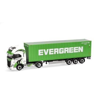 Herpa lastbil i miniatyr Iveco S-Way LNG 40ft containertrailer “Rapstrucks/Evergreen”, miniatyr i skala 1:87, samlarobjekt, tillverkad i Tyskland, plast Herpa lastbil i miniatyr Iveco S-Way LNG 40ft containertrailer “Rapstrucks/Evergreen”, miniatyr i skala 1:87, samlarobjekt, tillverkad i Tyskland, plast