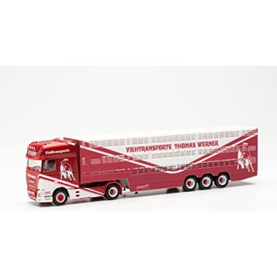 Herpa lastbilsmodell DAF XF SSC Thomas Werner boskap traktor släpvagn skala 1:87 lastbil modell samlarobjekt modellbygge tillverkad i Tyskland miniatyrmodell Herpa lastbilsmodell DAF XF SSC Thomas Werner boskap traktor släpvagn skala 1:87 lastbil modell samlarobjekt modellbygge tillverkad i Tyskland miniatyrmodell