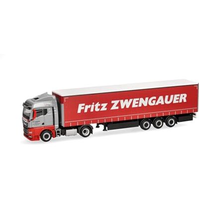 Herpa lastbilsmodell MAN TGX GM gardintrailer ”Zwengauer”, miniatyr i skala 1:87, samlarobjekt, Made in Germany, plast Herpa lastbilsmodell MAN TGX GM gardintrailer ”Zwengauer”, miniatyr i skala 1:87, samlarobjekt, Made in Germany, plast