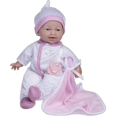 JC Toys The Baby 28 cm docka har mjuk och tvättbar kropp, filt och napp, vit och rosa prickar, designad i Spanien, +12 månader JC Toys The Baby 28 cm docka har mjuk och tvättbar kropp, filt och napp, vit och rosa prickar, designad i Spanien, +12 månader