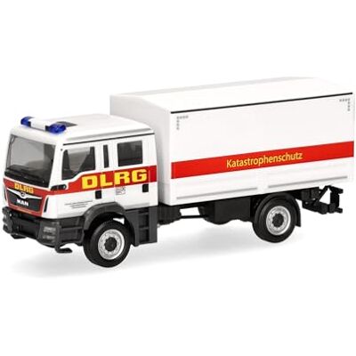 Herpa Lastbilsmodell MAN TGM MzKW "DLRG/Katastrophenschutz", miniatyr i skala 1:87, samlarobjekt, Made in Germany, plast Herpa Lastbilsmodell MAN TGM MzKW "DLRG/Katastrophenschutz", miniatyr i skala 1:87, samlarobjekt, Made in Germany, plast