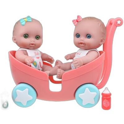JC Toys Lil Cutesies Twin 21,6 cm vinyldockor och barnvagnsset, rörlig och tvättbar, avtagbara outfits, dubbelbarnvagn och tillbehör från 2 år, grön JC Toys Lil Cutesies Twin 21,6 cm vinyldockor och barnvagnsset, rörlig och tvättbar, avtagbara outfits, dubbelbarnvagn och tillbehör från 2 år, grön