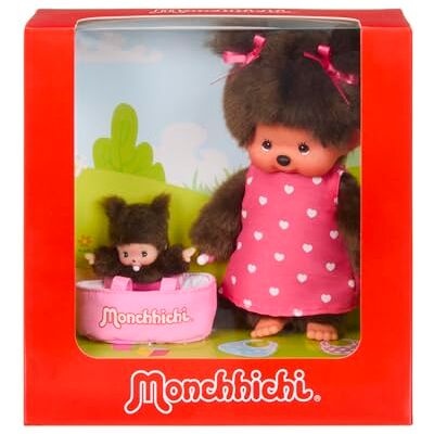Sekiguchi 204076 – Original Monchhichi-flicka med rosa hjärtklänning och bebichhichi i sängen, ca 20 cm stort gosedjur av brun plysch Sekiguchi 204076 – Original Monchhichi-flicka med rosa hjärtklänning och bebichhichi i sängen, ca 20 cm stort gosedjur av brun plysch