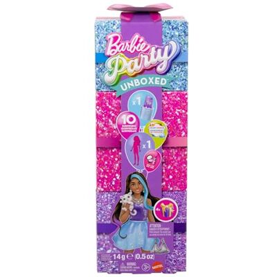 Barbie Party Unboxed-docka och tillbehör, Glam Party-serien med 10 överraskningar, inklusive docka med färgförändring och lila glitter, JFY66 Barbie Party Unboxed-docka och tillbehör, Glam Party-serien med 10 överraskningar, inklusive docka med färgförändring och lila glitter, JFY66