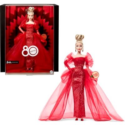 Barbie Signature-docka, Mattel 80th Anniversary-samlarobjekt i glittrig röd tyllklänning med droppformade örhängen och tunna handskar, blont hår, JBJ17 Barbie Signature-docka, Mattel 80th Anniversary-samlarobjekt i glittrig röd tyllklänning med droppformade örhängen och tunna handskar, blont hår, JBJ17