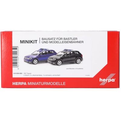 Herpa modellbyggsats MiniKit VW Tiguan, ultramarinblå och svart (2 stycken), miniatyr i skala 1:87, samlarobjekt, byggsats för modellbygge, plast Herpa modellbyggsats MiniKit VW Tiguan, ultramarinblå och svart (2 stycken), miniatyr i skala 1:87, samlarobjekt, byggsats för modellbygge, plast