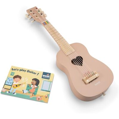 Woet Rosa leksaksgitarr i trä med 6 nylonsträngar Leksaksinstrument, Gitarr för barn, Axelrem, Reservsträng och notbok, Rytm- och melodilek, Från 3 år Woet Rosa leksaksgitarr i trä med 6 nylonsträngar Leksaksinstrument, Gitarr för barn, Axelrem, Reservsträng och notbok, Rytm- och melodilek, Från 3 år