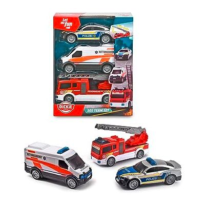 Dickie Toys SOS Team, 3 lekset bestående av ambulans, polis och brandbil med vattenspruta, tysk version, från 3 år Dickie Toys SOS Team, 3 lekset bestående av ambulans, polis och brandbil med vattenspruta, tysk version, från 3 år