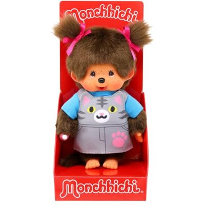 Sekiguchi 203895 – Original Monchhichi-flicka med hängselklänning och kattansikte, ca 20 cm stort gosedjur av brun plysch Sekiguchi 203895 – Original Monchhichi-flicka med hängselklänning och kattansikte, ca 20 cm stort gosedjur av brun plysch
