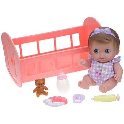 JC Toys Lil' Cutesies docka gjord av mjuk vinyl, 24 cm, klädd med en blå melerad overall, inklusive barnsäng och 5 tillbehör, rosa, designad av Berenguer, från 2 år, sorterad: JC Toys Lil' Cutesies docka gjord av mjuk vinyl, 24 cm, klädd med en blå melerad overall, inklusive barnsäng och 5 tillbehör, rosa, designad av Berenguer, från 2 år, sorterad: