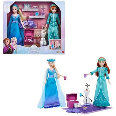 Mattel Disney Frost-leksaker, Anna- och Elsa-modedockor i kungliga nattlinnen och tofflor, med Olof-figur och 12 tillbehör, Systrarnas pyjamaspartyset, JML08 Mattel Disney Frost-leksaker, Anna- och Elsa-modedockor i kungliga nattlinnen och tofflor, med Olof-figur och 12 tillbehör, Systrarnas pyjamaspartyset, JML08
