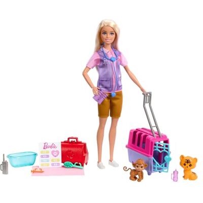 Barbie -karriärdocka med tillbehör, djurräddarlekset med blond docka, liten apa och tiger, bur med mera, HRG50 Barbie -karriärdocka med tillbehör, djurräddarlekset med blond docka, liten apa och tiger, bur med mera, HRG50