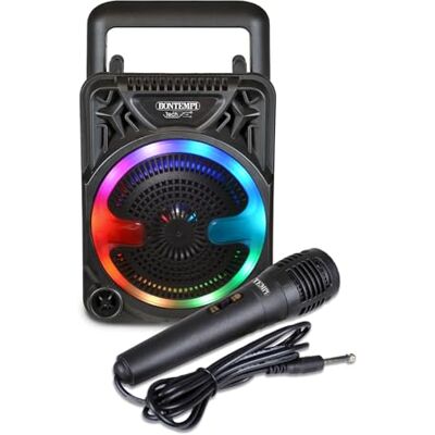 Bontempi Trådlös minihögtalare med RGB-mikrofon och lampor, 125 x 125 x 180 mm, radiofunktion Bontempi Trådlös minihögtalare med RGB-mikrofon och lampor, 125 x 125 x 180 mm, radiofunktion