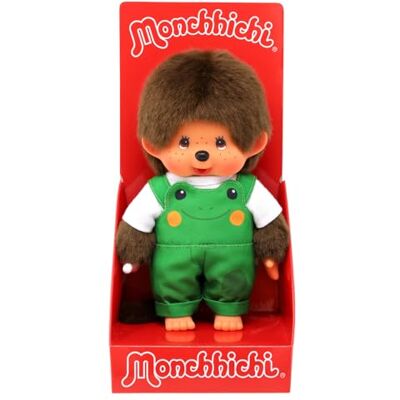 Sekiguchi 203871 – Original Monchhichi-pojke med hängselbyxor och grodmotiv, ca 20 cm stort gosedjur av brun plysch Sekiguchi 203871 – Original Monchhichi-pojke med hängselbyxor och grodmotiv, ca 20 cm stort gosedjur av brun plysch