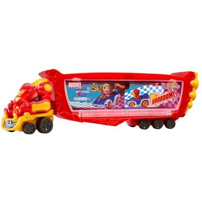Hot Wheels RacerVerse Marvel Hulkbuster-trailerdragare, transportera och förvara upp till tio leksaksfordon, löstagbar hytt med uppfällbar hjälm och fast figur, HRY02 Hot Wheels RacerVerse Marvel Hulkbuster-trailerdragare, transportera och förvara upp till tio leksaksfordon, löstagbar hytt med uppfällbar hjälm och fast figur, HRY02