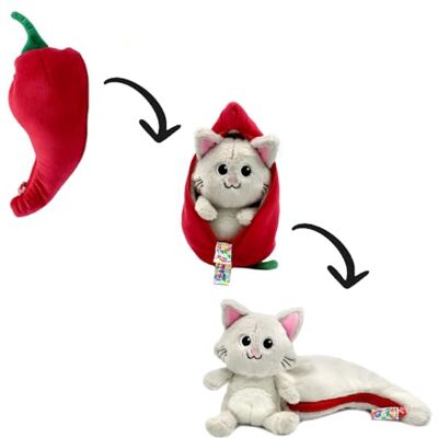 FLIPETZ by Les DéGLINGOS vändbar katt/chili plysch ultramjuk 2-i-1 gömd gosedjur blandad och första ålder födelsegåva röd och grå, 20 cm FLIPETZ by Les DéGLINGOS vändbar katt/chili plysch ultramjuk 2-i-1 gömd gosedjur blandad och första ålder födelsegåva röd och grå, 20 cm