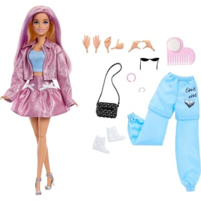 Barbie Deluxe Style-docka med metallicrosa core-kjol och jacka 4 outfits, 4 accessoarer, 4 utbytbara händer, 2 skor och färgskiftande hår, JNC61 Barbie Deluxe Style-docka med metallicrosa core-kjol och jacka 4 outfits, 4 accessoarer, 4 utbytbara händer, 2 skor och färgskiftande hår, JNC61