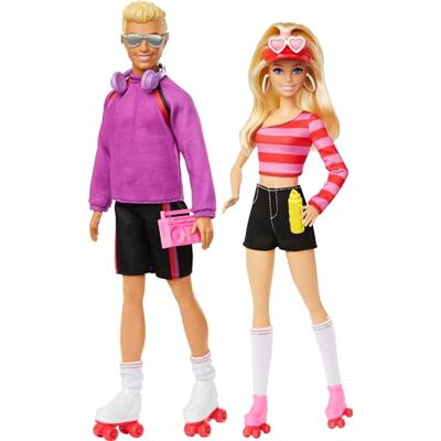 Barbie Fashionistas-set med två modedockor och sex accessoarer, - och Ken-modedockor med rullskridskor, samlardockor för 65-årsjubileet, HXK90 Barbie Fashionistas-set med två modedockor och sex accessoarer, - och Ken-modedockor med rullskridskor, samlardockor för 65-årsjubileet, HXK90