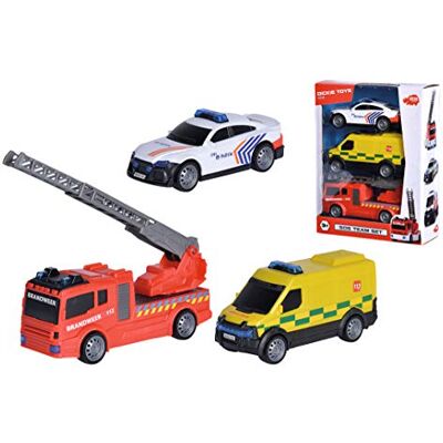Dickie Toys 203712015014 – SOS Team Set Belgien, leksaksbil med frihjul, polisbil, ambulans, brandbil, från 3 år Dickie Toys 203712015014 – SOS Team Set Belgien, leksaksbil med frihjul, polisbil, ambulans, brandbil, från 3 år