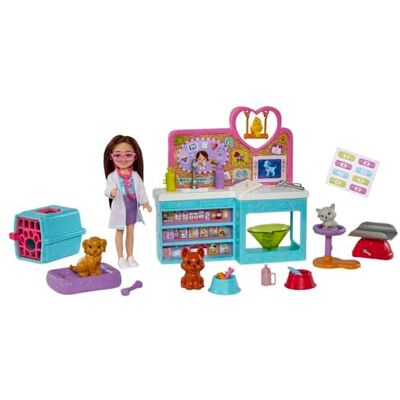 Barbie Chelsea-veterinärlekset, brunhårig Chelsea-docka, 4 djurfigurer, 18 veterinärstillbehör. En utmärkt present till barn från 3 år, HGT12 Barbie Chelsea-veterinärlekset, brunhårig Chelsea-docka, 4 djurfigurer, 18 veterinärstillbehör. En utmärkt present till barn från 3 år, HGT12