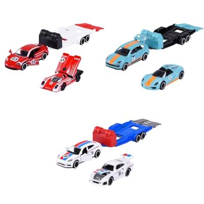 Majorette Porsche Deluxe Trailer, slumpmässigt urval av 1 av 3 olika leksaksbilar Majorette Porsche Deluxe Trailer, slumpmässigt urval av 1 av 3 olika leksaksbilar