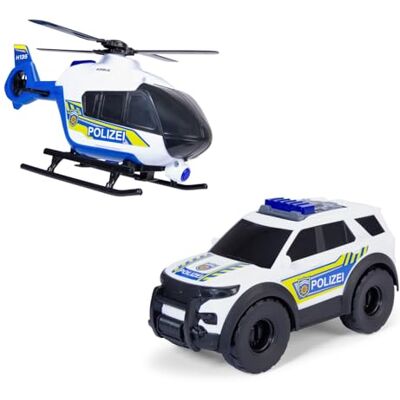 Dickie Toys Police Strike Squad – Ford Interceptor (23 cm) & Airbus H135 Helikopter (26 cm) – leksaksbilar och helikopter med frihjul och manuellt rörlig propeller Dickie Toys Police Strike Squad – Ford Interceptor (23 cm) & Airbus H135 Helikopter (26 cm) – leksaksbilar och helikopter med frihjul och manuellt rörlig propeller