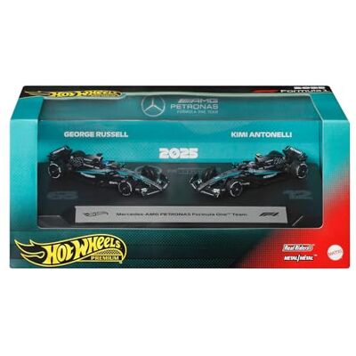 Hot Wheels , Premium Formula 1-leksaksbilar, två racerbilar från Mercedes-AMG PETRONAS Formula One-teamet i skala 1:64 med George Russell och Kimi Antonelli, JMM93 Hot Wheels , Premium Formula 1-leksaksbilar, två racerbilar från Mercedes-AMG PETRONAS Formula One-teamet i skala 1:64 med George Russell och Kimi Antonelli, JMM93