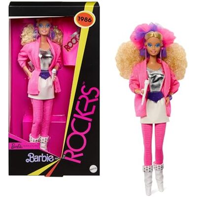 Barbie signaturdocka och The Rockers samlarobjekt repro docka, 40-årsjubileum för 1986 linje, dockställ och visningsbar förpackning Barbie signaturdocka och The Rockers samlarobjekt repro docka, 40-årsjubileum för 1986 linje, dockställ och visningsbar förpackning