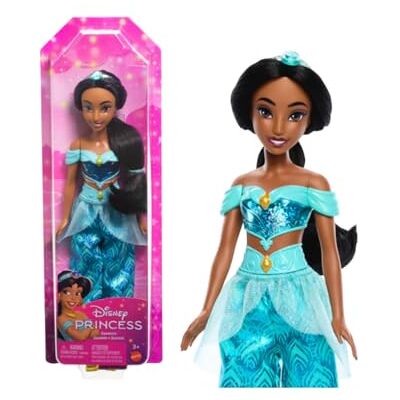 Mattel Disney Princess-leksaker, ställbar Jasmine-modedocka med glittrande kläder och accessoarer inspirerade av Disneyfilmen, presenter till barn HLW12 Mattel Disney Princess-leksaker, ställbar Jasmine-modedocka med glittrande kläder och accessoarer inspirerade av Disneyfilmen, presenter till barn HLW12