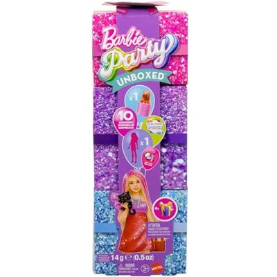 Barbie Party Unboxed-docka och tillbehör, Glam Party-serien med 10 överraskningar, inklusive docka med färgförändring och rött glitter, JFY68 Barbie Party Unboxed-docka och tillbehör, Glam Party-serien med 10 överraskningar, inklusive docka med färgförändring och rött glitter, JFY68