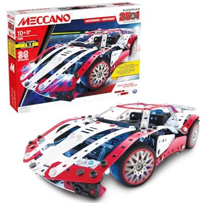 BANDAI Meccano Supercar 25 i 1 byggsats med 25 modeller 347 delar inklusive 6 volts motor, LED, verktyg, instruktioner Superbil monteringsaktivitet kit leksak för barn 10 år och + -APM20105 BANDAI Meccano Supercar 25 i 1 byggsats med 25 modeller 347 delar inklusive 6 volts motor, LED, verktyg, instruktioner Superbil monteringsaktivitet kit leksak för barn 10 år och + -APM20105