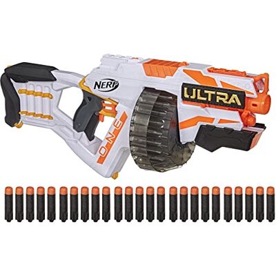 Nerf motordriven ultra one-blaster, trumma som rymmer 25 pilar, 25 ultra-pilar, pilförvaring Nerf motordriven ultra one-blaster, trumma som rymmer 25 pilar, 25 ultra-pilar, pilförvaring