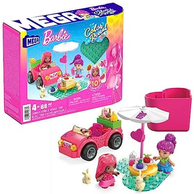 Mega Barbie Color Reveal-byggleksaker, bilresa med cabriolet och två Barbie-mikrodockor, tillbehör, två husdjur, färgförändringsfunktion och tio överraskningar, HKF90 Mega Barbie Color Reveal-byggleksaker, bilresa med cabriolet och två Barbie-mikrodockor, tillbehör, två husdjur, färgförändringsfunktion och tio överraskningar, HKF90