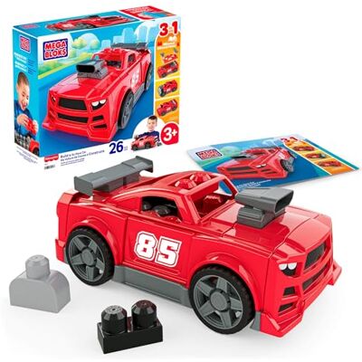 Mega Bloks -leksaksset med fordonsklossar, 3-i-1 Build & Go-racerbil med 26 delar och rullande hjul, pickupfordon och Hot Rod, röd, för barn från 3 år, JKG35 Mega Bloks -leksaksset med fordonsklossar, 3-i-1 Build & Go-racerbil med 26 delar och rullande hjul, pickupfordon och Hot Rod, röd, för barn från 3 år, JKG35