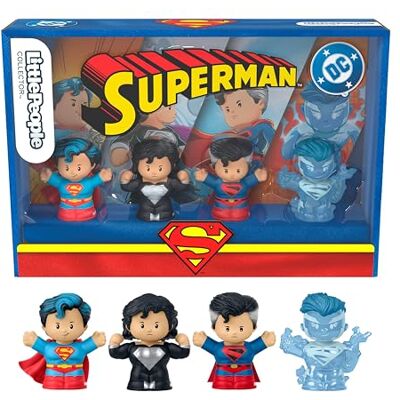 Little People COLLECTOR Superman Through the Ages, specialutgåva, set för vuxna och fans, 4 figurer i en utställningslåda, JFD63 Little People COLLECTOR Superman Through the Ages, specialutgåva, set för vuxna och fans, 4 figurer i en utställningslåda, JFD63