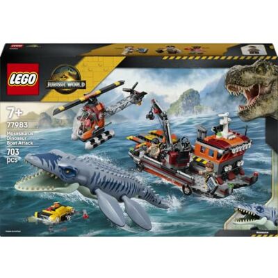 Lego Jurassic World Dinosaurieattack med båt och mosasaurus 77983 Leksak för barn från 7 år, byggleksak med 3 minifigurer och gjuten dinosauriemodell, present, 703 delar Lego Jurassic World Dinosaurieattack med båt och mosasaurus 77983 Leksak för barn från 7 år, byggleksak med 3 minifigurer och gjuten dinosauriemodell, present, 703 delar