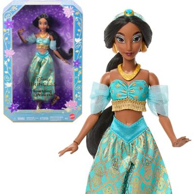 Mattel Disney Princess Jasmine gnistrande docka Poserbar modedocka i karakteristisk look avtagbar outfit, skor, halsband och örhängen, långt hår, inspirerad av filmen, JMP63 Mattel Disney Princess Jasmine gnistrande docka Poserbar modedocka i karakteristisk look avtagbar outfit, skor, halsband och örhängen, långt hår, inspirerad av filmen, JMP63