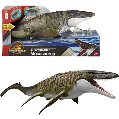 Mattel Jurassic World Rebirth Bite N Blast-actionfigur föreställande en Mosasaurus och liten Dilophosaurus, dinosaurieleksak med bred käft, filmtrogen och ställbar, för digital lek, JJP80 Mattel Jurassic World Rebirth Bite N Blast-actionfigur föreställande en Mosasaurus och liten Dilophosaurus, dinosaurieleksak med bred käft, filmtrogen och ställbar, för digital lek, JJP80
