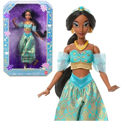 Mattel Disney Princess Jasmin, Sparkling Princess-modedocka och accessoarer, avtagbara kläder, skor, halsband och örhängen, inspirerad av filmen, JMP63 Mattel Disney Princess Jasmin, Sparkling Princess-modedocka och accessoarer, avtagbara kläder, skor, halsband och örhängen, inspirerad av filmen, JMP63