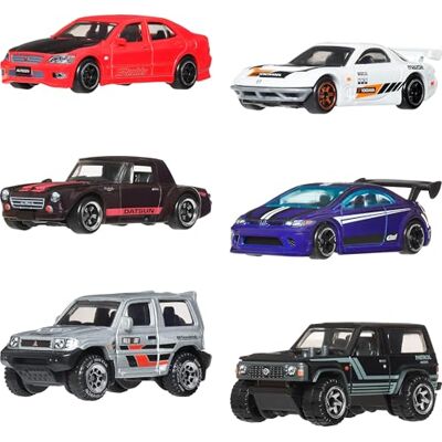 Hot Wheels Die-Cast-leksaksbilar i skala 1:64, set med 6 japanska fordon med högkvalitativ dekoration (stilar kan variera), JLB23 Hot Wheels Die-Cast-leksaksbilar i skala 1:64, set med 6 japanska fordon med högkvalitativ dekoration (stilar kan variera), JLB23