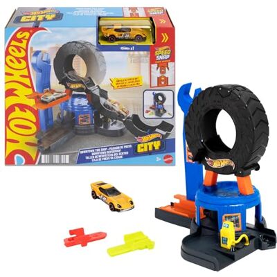 Hot Wheels City Däckverkstad Downtown lekset & leksaksbil 1:64 Banset med gjutet bärgningsfordon och flervägslek, kompatibelt med Speed Snap Track, JHL75 Hot Wheels City Däckverkstad Downtown lekset & leksaksbil 1:64 Banset med gjutet bärgningsfordon och flervägslek, kompatibelt med Speed Snap Track, JHL75