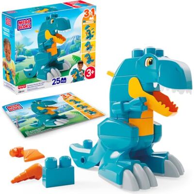 MEGA BLOKS Fisher-Price 3-i-1 bygg- och bitdinosaurie T-Rex 25 delar, rullande hjul, pterodaktyl och kan byggas om till drake, förskolebarn från 3 år, JMK85 MEGA BLOKS Fisher-Price 3-i-1 bygg- och bitdinosaurie T-Rex 25 delar, rullande hjul, pterodaktyl och kan byggas om till drake, förskolebarn från 3 år, JMK85