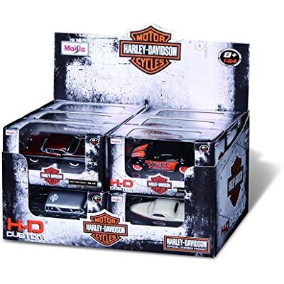 Maisto M14380 1:64 Harley Davidson modeller (låda med dispenser), blandade mönster och färger Maisto M14380 1:64 Harley Davidson modeller (låda med dispenser), blandade mönster och färger