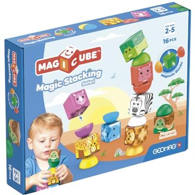 Geomag Magicube Stacking Safari 16 Magnetiska bygghinkar Set med block med savann djur, magnetiskt bindningssystem kreativa geometriska konstruktioner Geomag Magicube Stacking Safari 16 Magnetiska bygghinkar Set med block med savann djur, magnetiskt bindningssystem kreativa geometriska konstruktioner