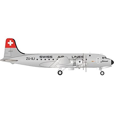 Herpa 572491 Airplane Swissair Douglas DC-4 – ZU-ILI på en skala av 1: 200, metallminiatyr med pedastal, modellbyggnad, Collectors Edition Herpa 572491 Airplane Swissair Douglas DC-4 – ZU-ILI på en skala av 1: 200, metallminiatyr med pedastal, modellbyggnad, Collectors Edition