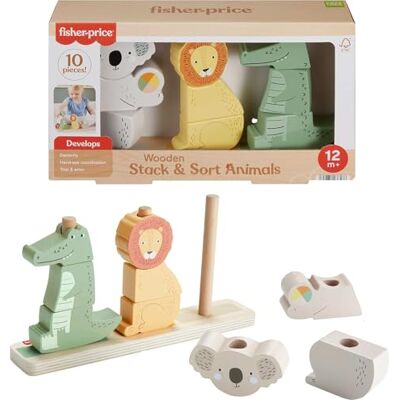 Fisher-Price Trädjur i trä att stapla och sortera Träbas och 9 stapelklossar, finmotorik och problemlösning, från 1 år, HXV04 Fisher-Price Trädjur i trä att stapla och sortera Träbas och 9 stapelklossar, finmotorik och problemlösning, från 1 år, HXV04